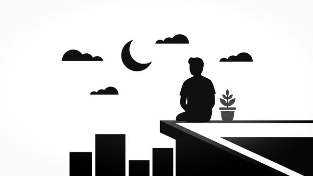 Silhouette of a person sitting alone on a rooftop edge under the night sky with city skyline and moon