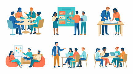 Fototapeta premium Diverse professional business teams collaborating during corporate meetings featuring modern flat vector illustration style office concepts