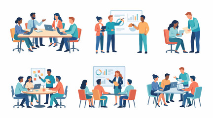 Fototapeta premium Professional business team members working together in a modern vector graphic office meeting collaboration setting