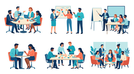 Fototapeta premium Professional business office teamwork scenarios collection featuring diverse employees collaborating on corporate projects with digital tools