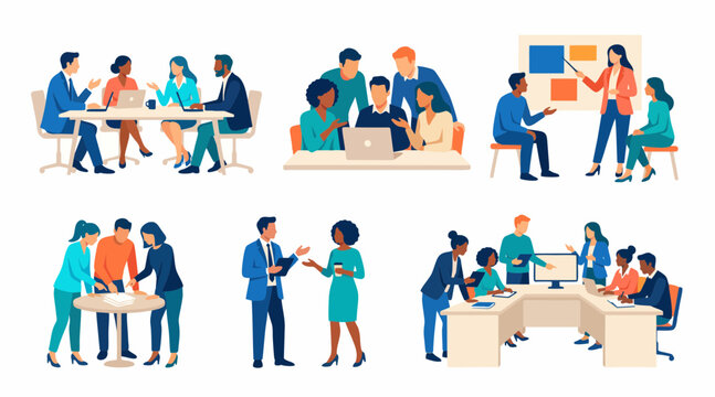Diverse office professionals working together in various collaborative business meeting scenes depicted as flat vector illustrations