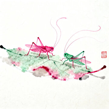 Pink And Green Grasshoppers Standing On Fresh Green Leaf,Chinese Ink Painting