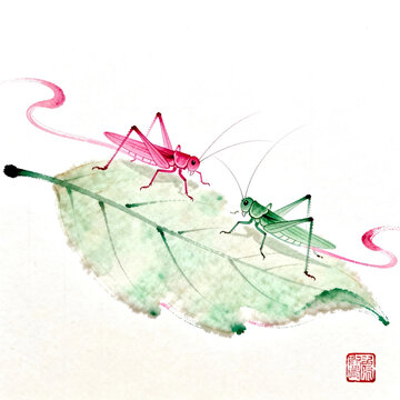 Pink And Green Grasshoppers Standing On Fresh Green Leaf,Chinese Ink Painting