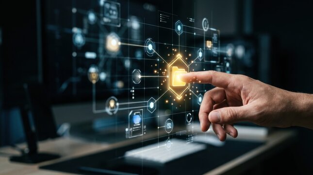 Digital Network Interaction: A hand reaches out to touch a glowing holographic interface, illustrating the interconnectedness of data and technology in a modern digital network.