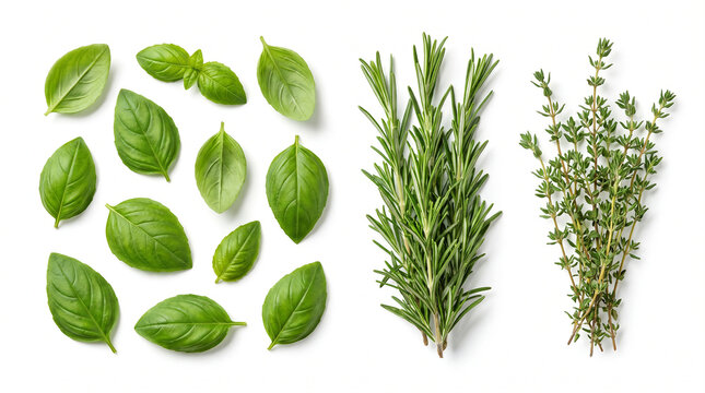 Fresh green basil leaves, rosemary, and thyme sprigs collection isolated on white background, top view flat lay