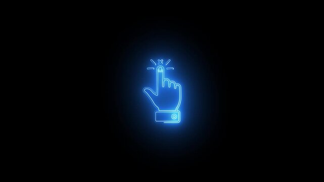 Neon Finger touching button with shining blue light effect for user interaction.
