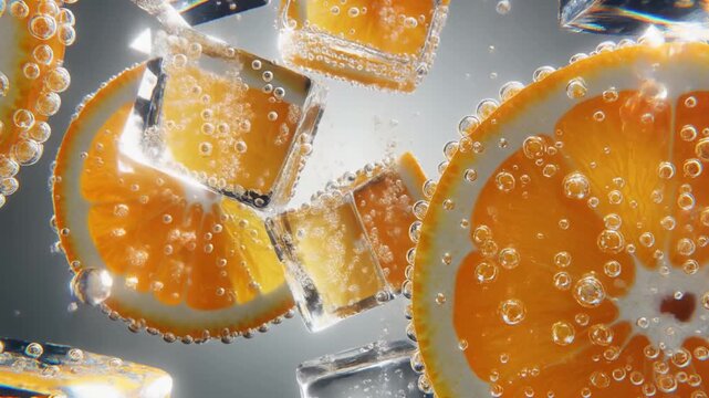 炭酸水の中で弾けるオレンジスライスと氷のダイナミック背景