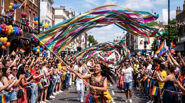 Pride Parade Celebration with Colorful Ribbons and Rainbow Flags