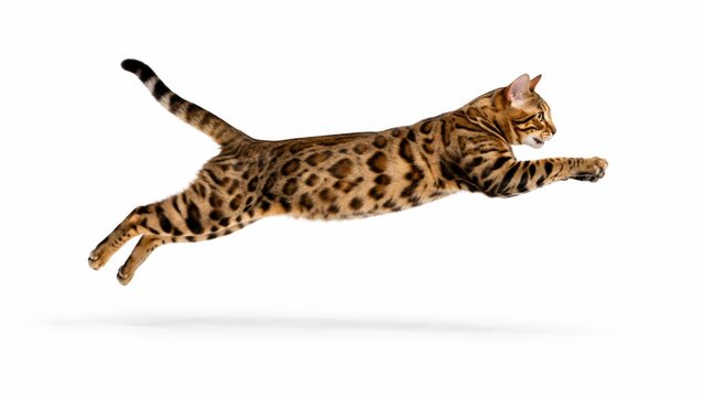 A Bengal cat is captured mid-leap with its body fully extended, showcasing its distinctive spotted coat against a white background.