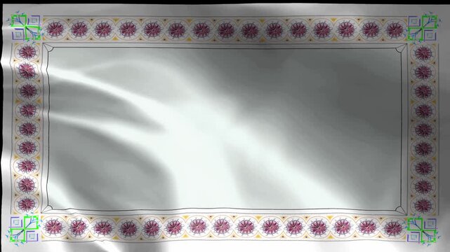 Monochromatic cinematic background featuring dynamic glowing light streaks and soft smoke effects, framed by a decorative pattern border with purple floral dots.