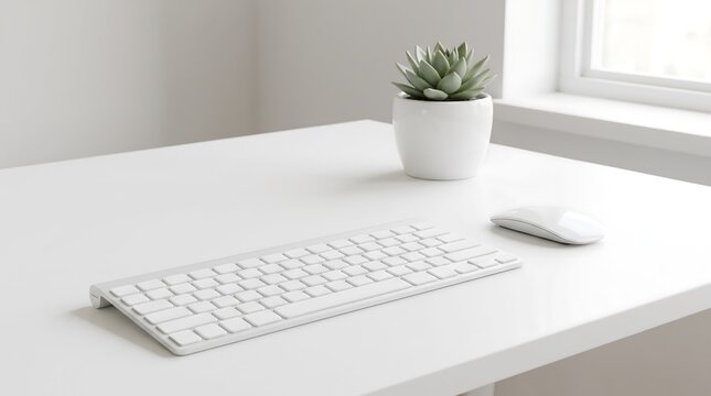 Minimalist white workspace with keyboard mouse and succulent