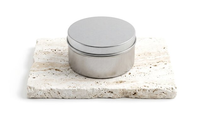 Round aluminum container on travertine base against white background