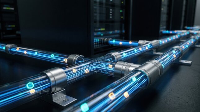 Futuristic Network Infrastructure: Glowing blue data streams flow through transparent conduits connecting server racks, symbolizing high-speed data transfer and advanced technology.
