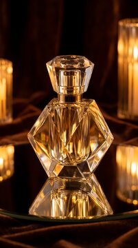 Elegant Faceted Crystal Perfume Bottle on Reflective Surface