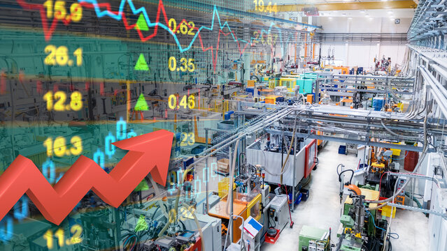 Financial data, large industrial manufacturing facility with complex machinery pipelines, factory interior, and a surging arrow. Booming manufacturing sector, automation infrastructure market growth
