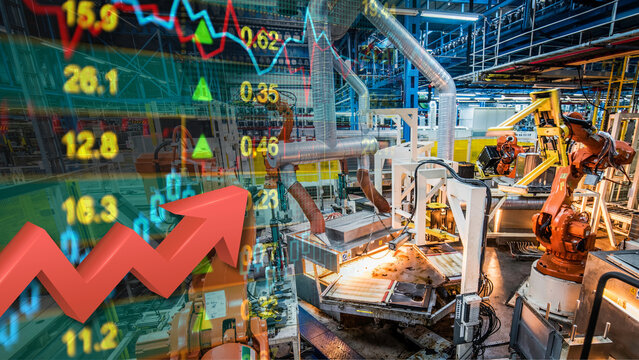 Financial data, heavy industrial robotic arms on a factory assembly line, automation manufacturing facility, and a surging arrow. Booming industrial sector, automation infrastructure market growth