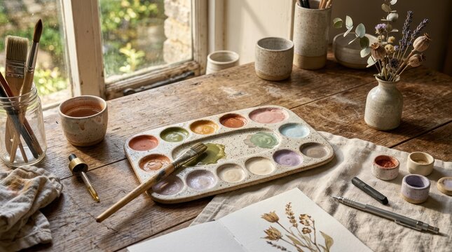 Artistic painting supplies on wooden table by window