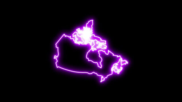 Glowing neon outline map of canada, pulsing purple light effect on black background 4k Motion video