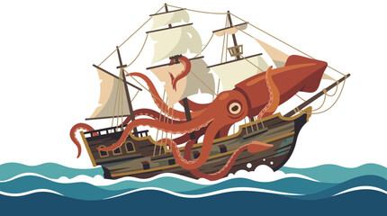 Giant Kraken Attacking a Wooden Sailing Ship Illustration © Laris