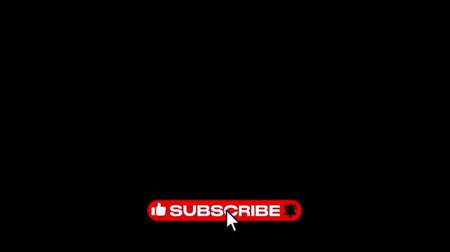Animated subscribe button with like thumbs up icon and notification bell clicking animation on black isolated background