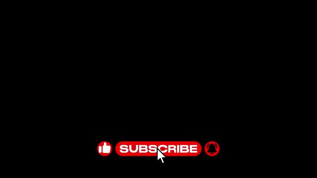 Red social media subscribe bar animation with mouse cursor clicking like icon, subscribe button, and notification bell on black background