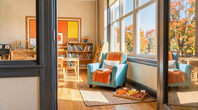 Sunlit classroom reading corner featuring a blue armchair with an orange blanket and autumn leaves in a tray. Bright interior view of colorful fall foliage outside windows in early childhood school