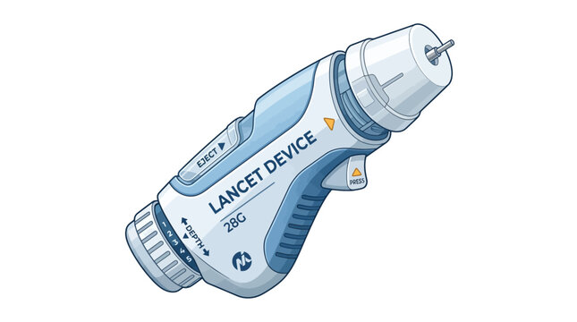 Professional medical illustration of a 28G blood lancet device used for glucose monitoring, showcasing adjustable depth settings 1-5, release trigger, and eject button on white background.
