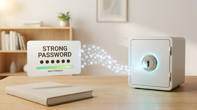 Digital security concept with strong password loading to a white safe