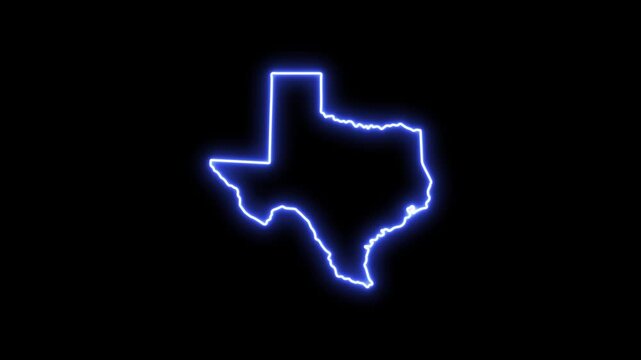 Glowing neon outline map of texas state, animated blue light border on black background 4k Motion video
