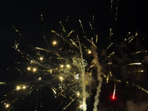 Bright golden and green fireworks exploding in the dark night sky during a festive celebration.