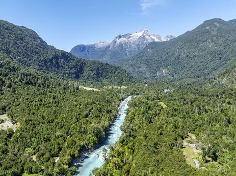 Valle Cholila mountain valley with Rio Blanco river, mountains and landscape near Hornopir&eacute;n, Hornopir&eacute;n National Park, aerial view, Patagonia, Los Lagos, Chile