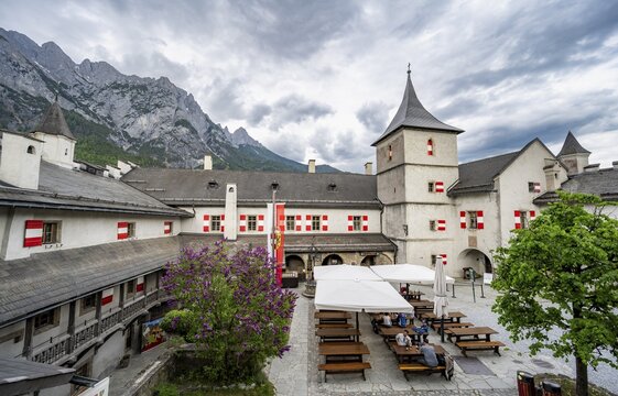 Castle courtyard building with beer garden, Hohenwerfen Fortress, Werfen, Pongau, Salzburg state, Austria