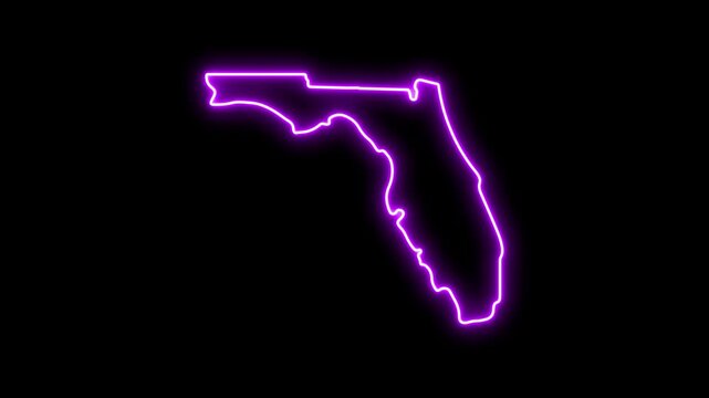 Glowing neon florida state map outline animation on black background