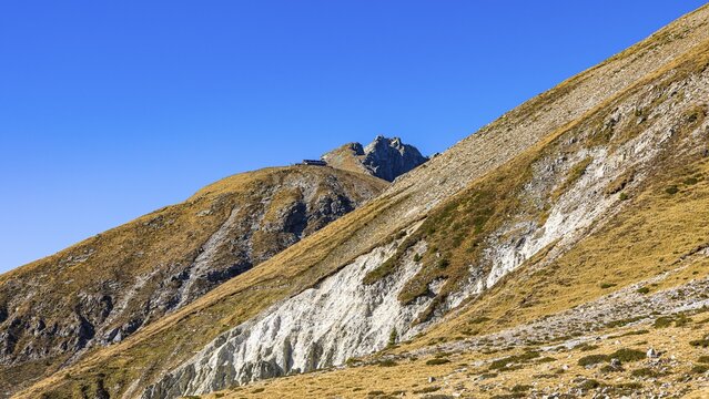 The mountain peaks Gro&szlig;er and Kleiner Ifinger, in front of the Kuhleiten Hut, Merano 2000 skiing and hiking area, near Merano, South Tyrol, Italy