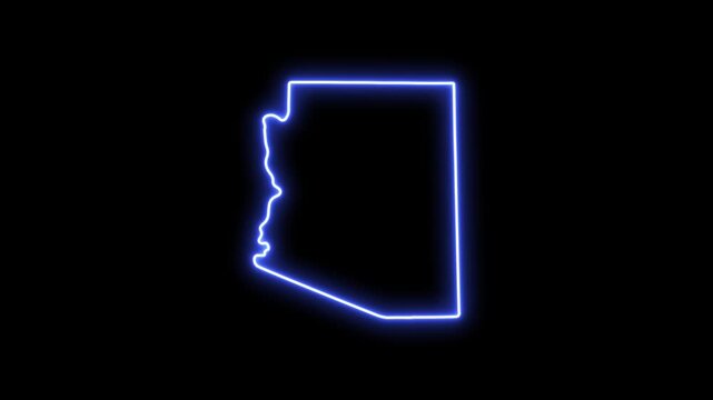 Arizona state map outline with glowing neon blue light effect on black background