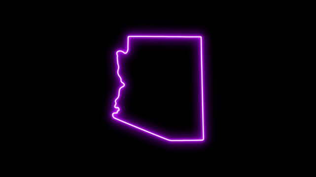 Neon glowing outline map of arizona state, purple light stroke animation on black background