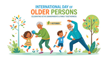 Fototapeta premium Illustration of International Day of Older Persons, showing active grandparents playing and exercising with their grandchildren outdoors, celebrating family togetherness.