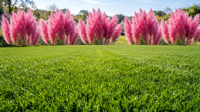 Beautiful vibrant bright silky pink flower pampas grass with green lawn grass landscape field, natural background
