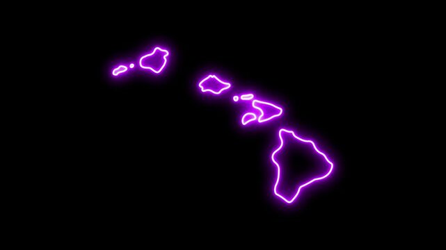 Glowing neon outline map of hawaii islands, purple digital map animation on black background