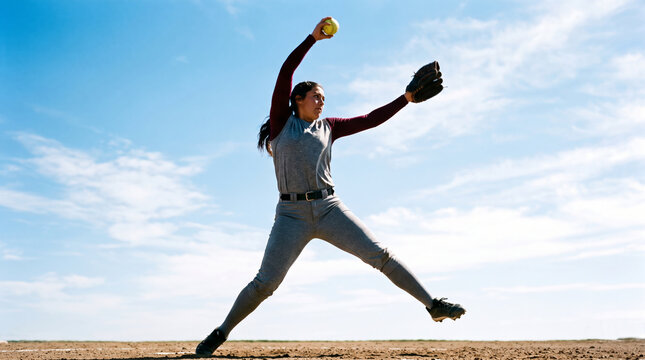 Female softball pitcher in mid-throw against a clear blue sky