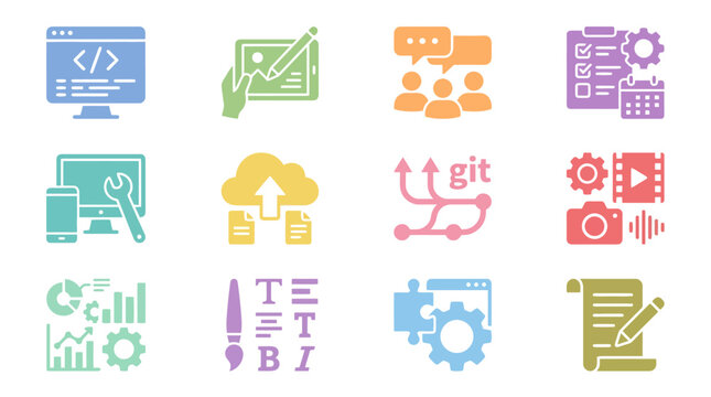 Colorful coding software development icons.
