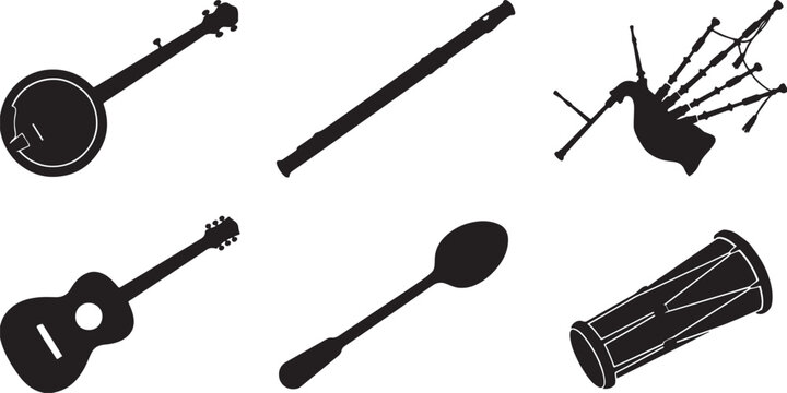 Black silhouette collection featuring various musical instruments and household items like guitar banjo flute spoon drum bagpipes.