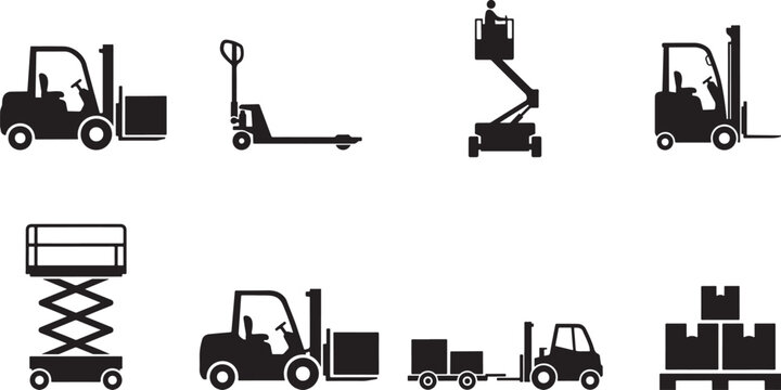 Warehouse and industrial vehicles collection forklifts pallet jacks scissor lift cargo boxes.