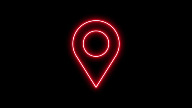 Glowing red neon map pin animation on black background, for location services, and navigation