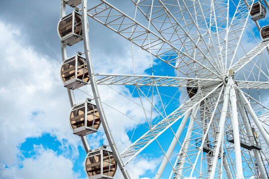 Close up showing pods and the structure of the large observation wheel at Skegness in Lincolnshire, UK,
