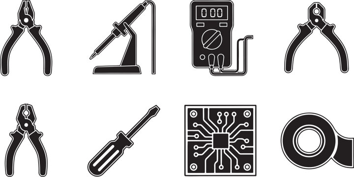 Collection of black icons for electronics engineering and mechanical hand tools isolated on gray transparent background pattern.