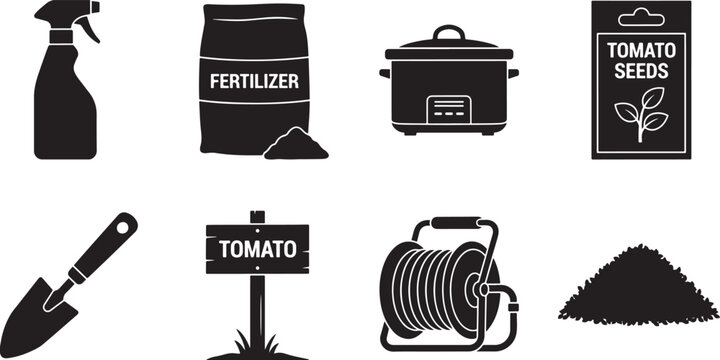 Gardening equipment and farming supplies icons for horticulture projects isolated on gray transparent checker background pattern.