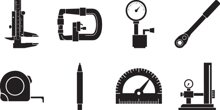 Assortment of measuring and technical tools as black silhouettes on transparent background, perfect for industry.