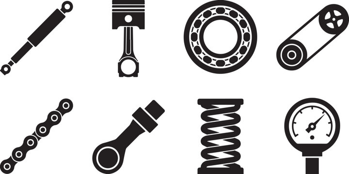 Collection of mechanical automotive parts in black silhouette on transparent background, representing engineering and mechanics.