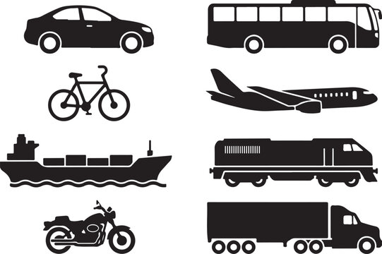 Variety of transportation vehicles in silhouette including cars, trains, buses, and bikes on checkered background.